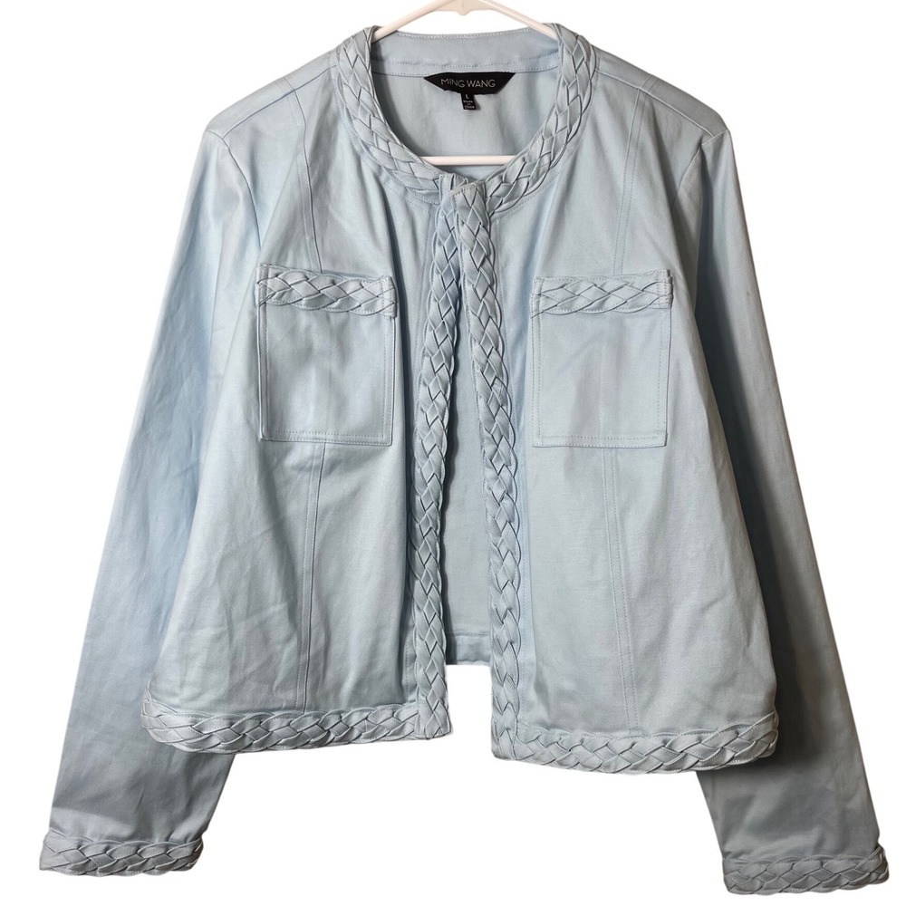 Ming Wang Womens Light Blue Braided Trim‎ Open Front Jacket Size L Professional - Picture 4 of 12